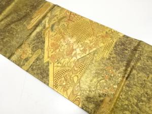 本金　汕頭蘇州刺繍　笠松に菊・椿・藤模様　袋帯